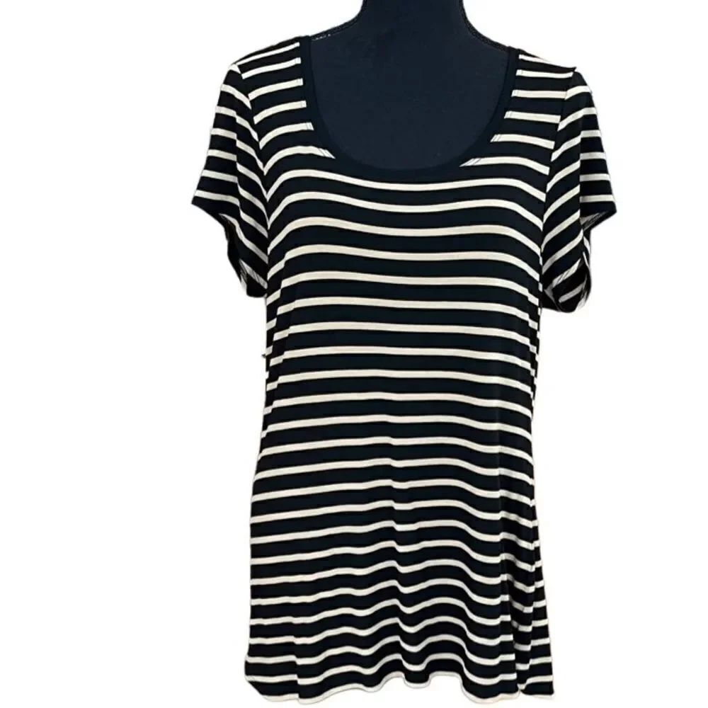 NWT MAX STUDIO black/tan striped scoop neck modal/spandex tee shirt , size XL.